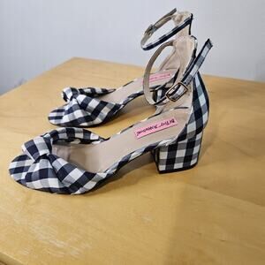 Betsey Johnson Ivee Women 6 Blue White Gingham Bow Ankle Strap Heeled Sandals LN